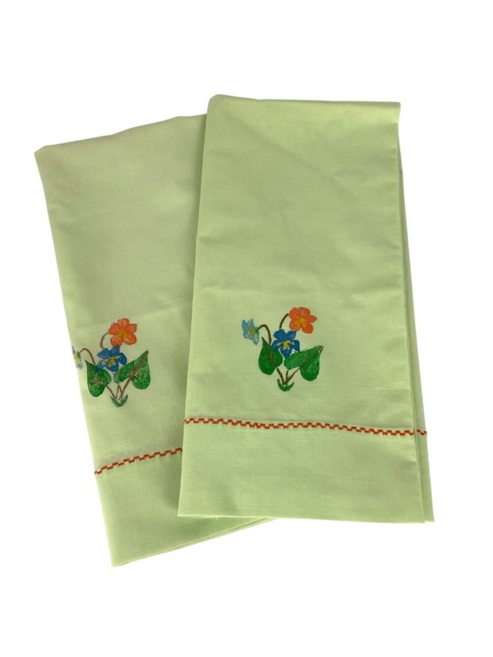 Vintage Floral Pillowcase Pair for Embroidery Pale Green Cotton Red Stitching